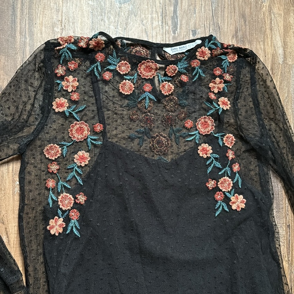 Zara Black Sheer Floral Embroidered Dress - Picture 3 of 7